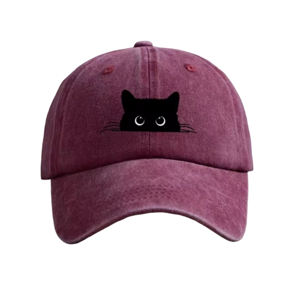Cat Hat Embroidered cat Burgundy Wine Black Cat Adjustable Unisex Cap
